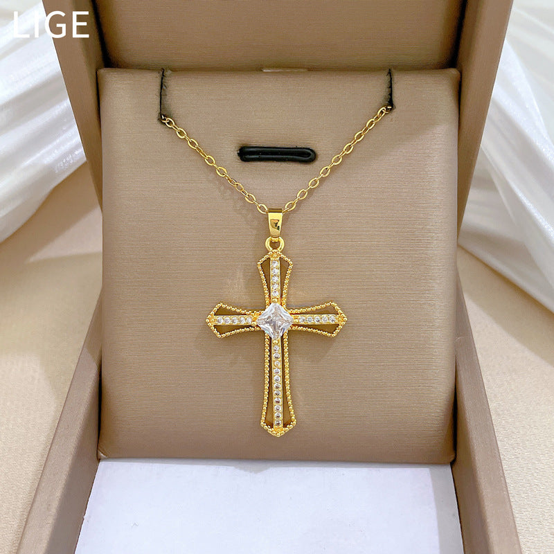 Hollow Cross Fashion Gorgeous Full Diamond Necklace Female Versatile Clavicle Chain Titanium Steel