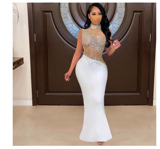 Promsstyle High neck rhinestone see through mesh splice maxi dress Prom Dress 2023