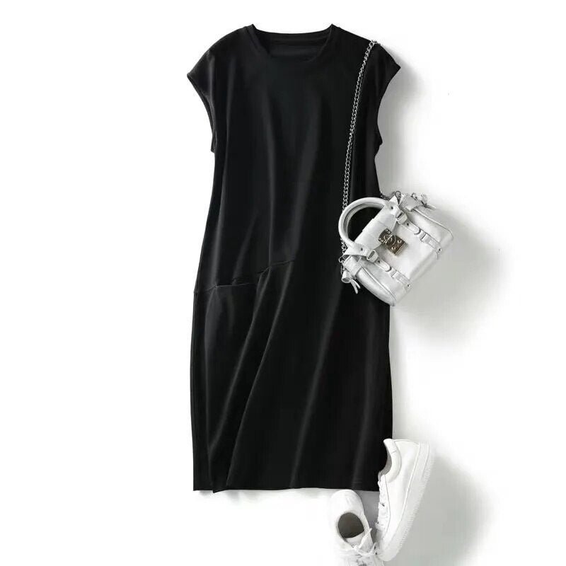 Pocket cotton dress female new style 2021 summer loose short-sleeved solid color T-shirt dress female Korean mid-length dress