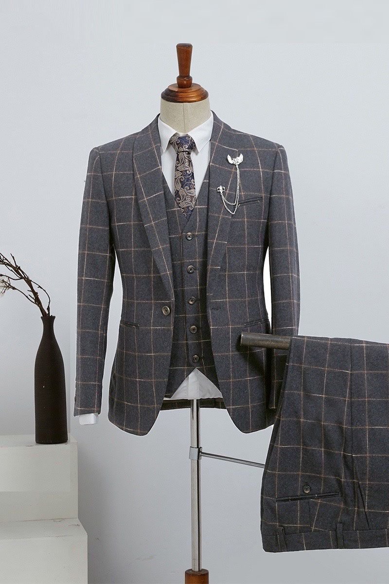 Luxurious Slim Fit Dark Gray Plaid 3 Pieces Custom Business Suit | Ballbellas Ballbellas