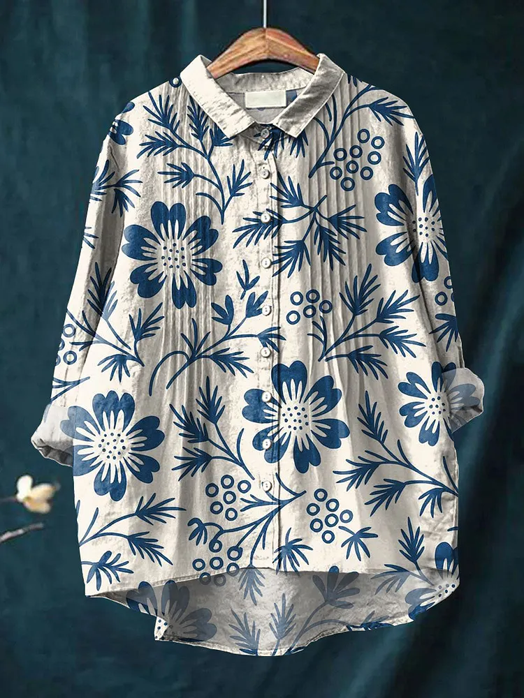 Women's Simple Floral Pattern Art Print Casual Cotton And Linen Ruffle Shirt