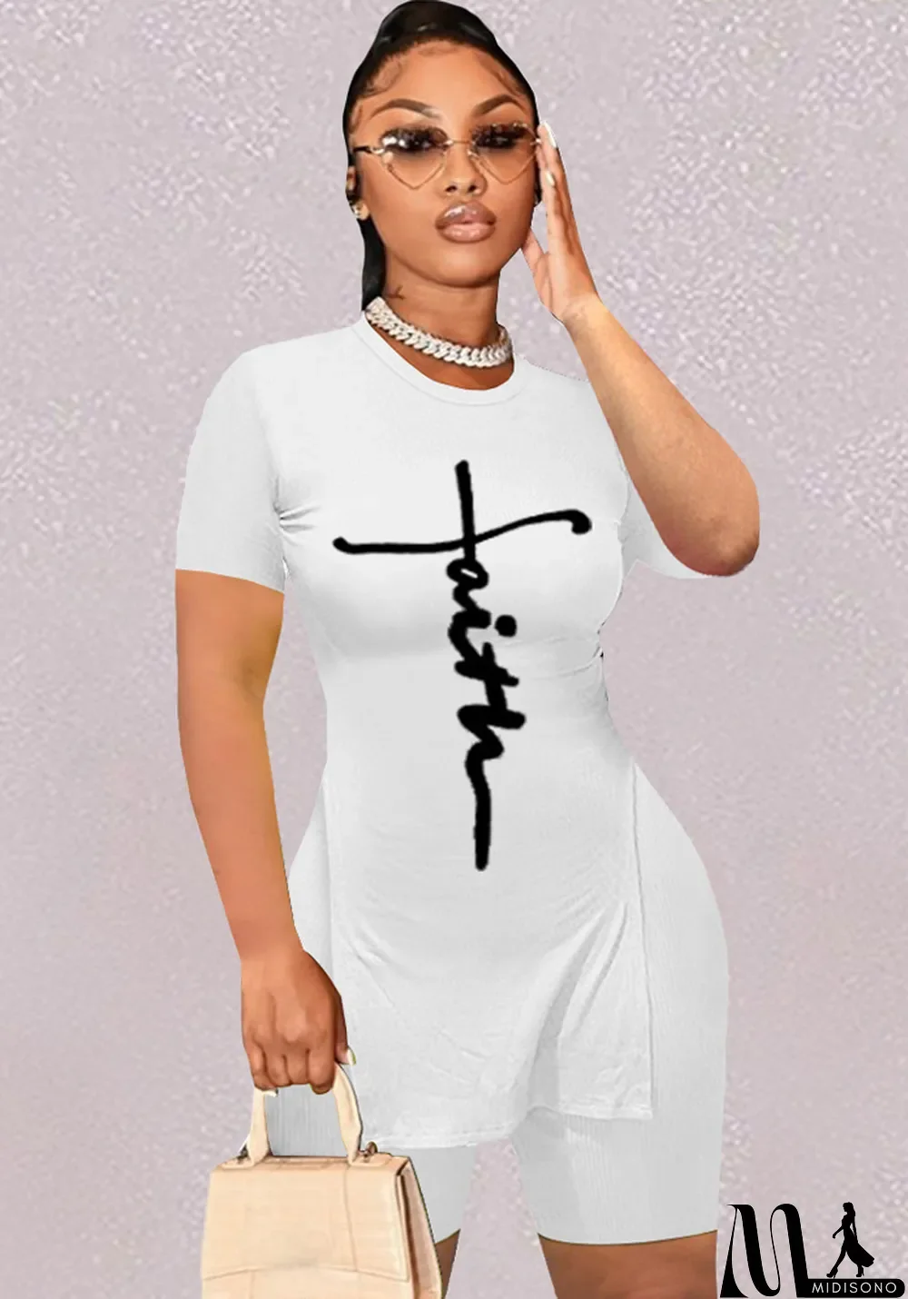 MidiSono - Women Summer White Casual O-Neck Short Sleeves High Waist Letter Print Ripped Regular Two Piece Shorts Set