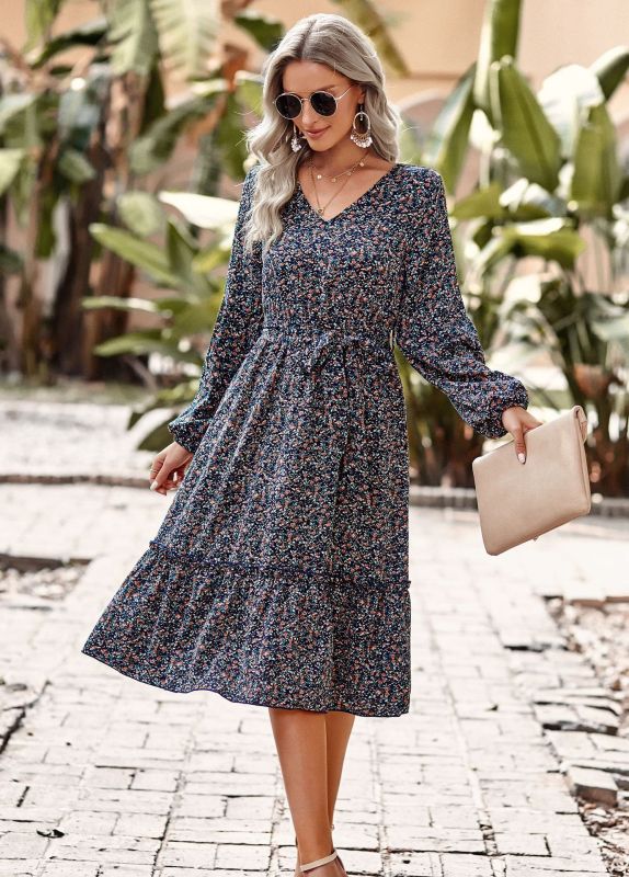 Mature Women Summer Fashion V-Neck Puff Sleeve Swing Skirt Casual Dress