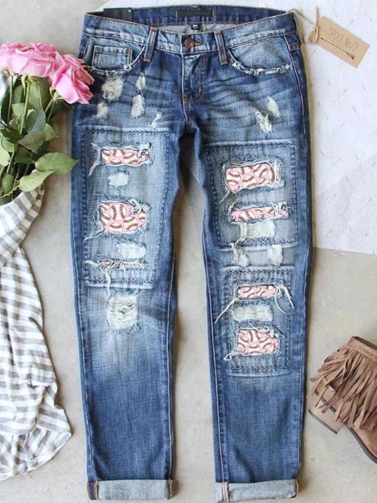 Distressed Print Straight Casual Jeans