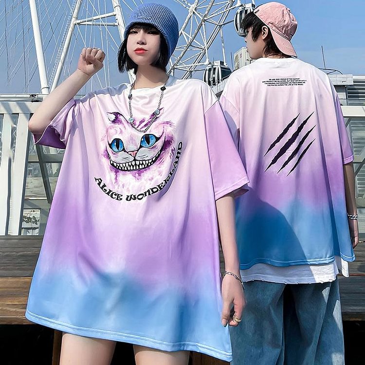 Girlfriend Boyfriend Gradient Colour Cat Print Loose T-shirt - Modakawa Modakawa