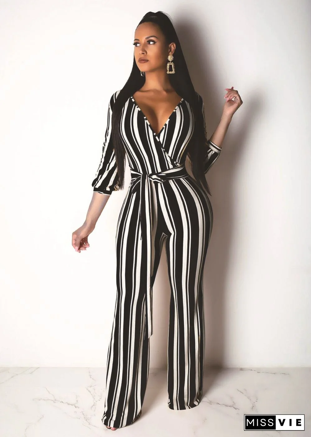 Fashion Stripe Print V-neck Wide Leg Jumpsuit With Belt