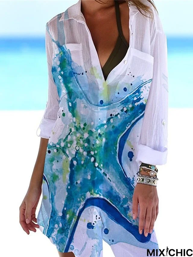 Women's Shirt Dress Cover Up Beach Wear Mini Dress Pocket Print Fashion Casual Fish Turndown 3/4 Length Sleeve Loose Fit Outdoor Daily White Blue 2023 Spring Summer S M L XL