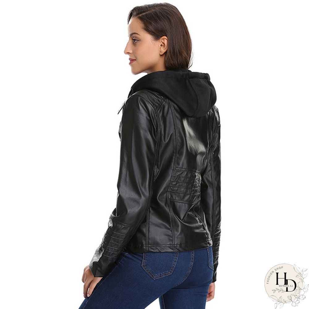 5 Color Women Fashion Long Sleeve Zipper Leather Jackets Removable Hooded Coat Ladies Plus Size Cool Motorcycle Coat Outwear