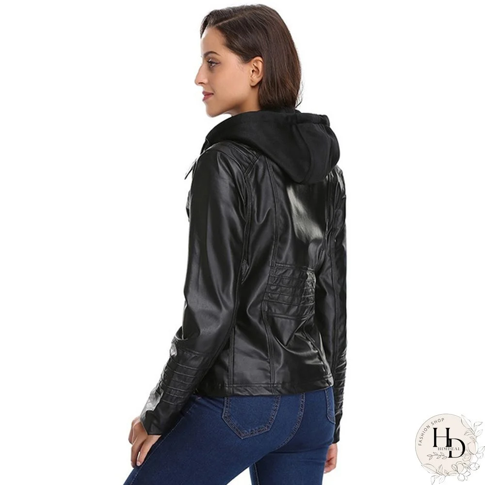 5 Color Women Fashion Long Sleeve Zipper Leather Jackets Removable Hooded Coat Ladies Plus Size Cool Motorcycle Coat Outwear