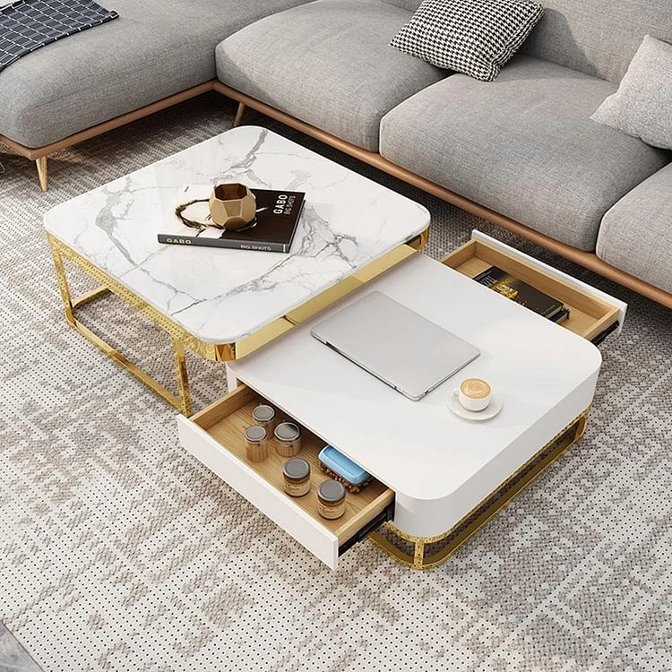 Homemys Modern Marble Coffee Table with Storage Wood Coffee Table, 2 Drawers, Stainless Steel Frame