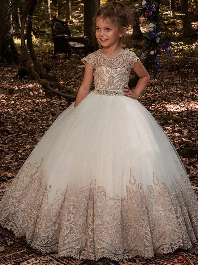 Daisda Ball Gown Short Sleeve Jewel Neck Flower Girl Dresses  Lace Tulle Cotton  With Lace Belt Embroidery