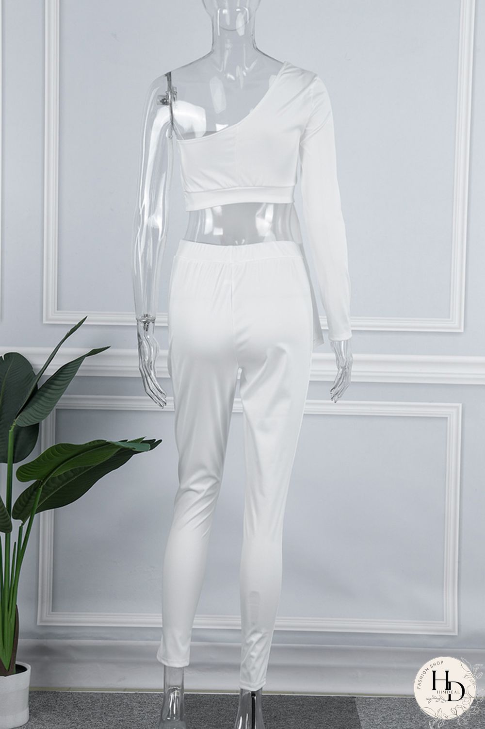 White Sexy Casual Solid Patchwork Backless Asymmetrical One Shoulder Long Sleeve Two Pieces