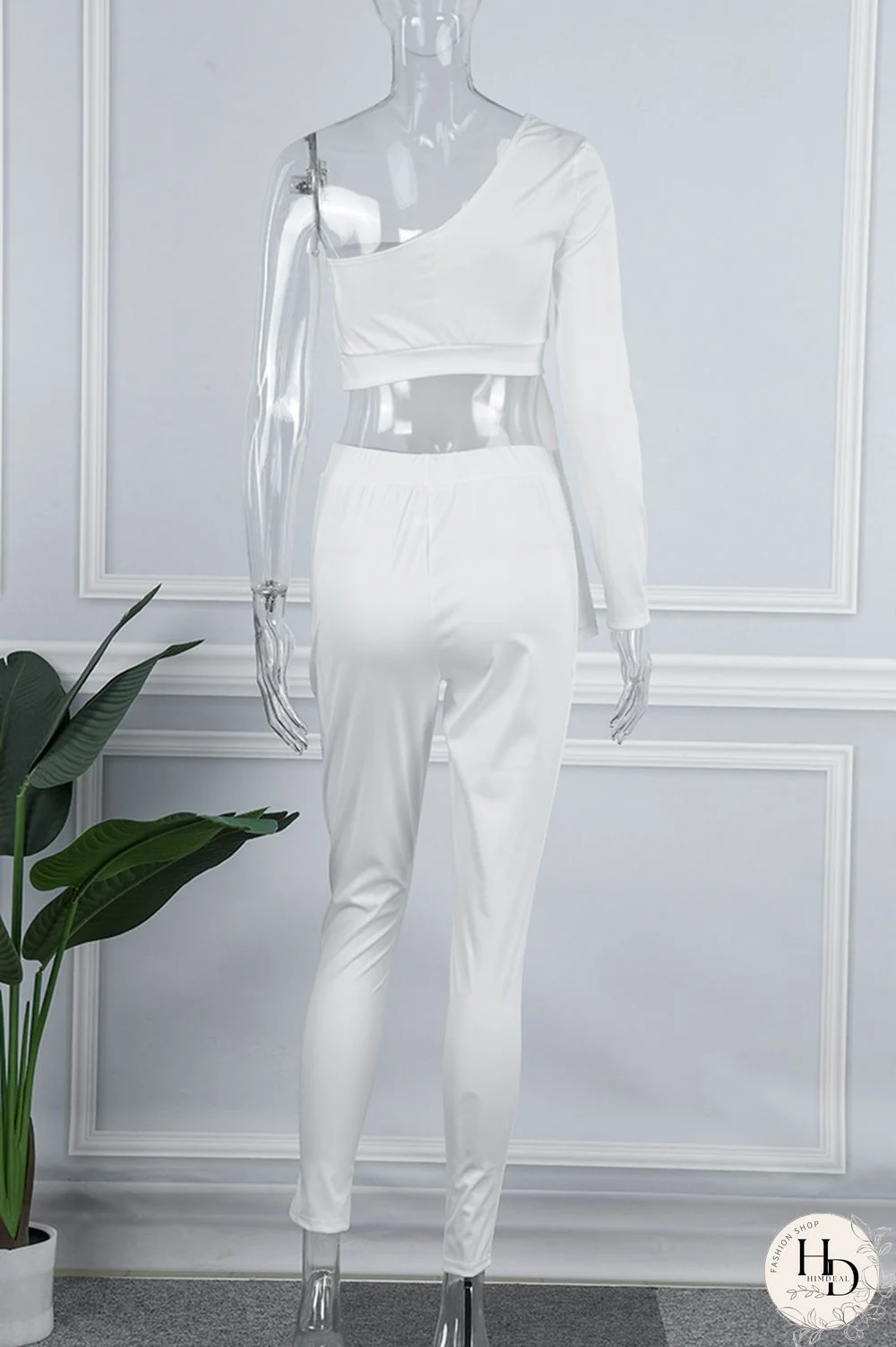 White Sexy Casual Solid Patchwork Backless Asymmetrical One Shoulder Long Sleeve Two Pieces