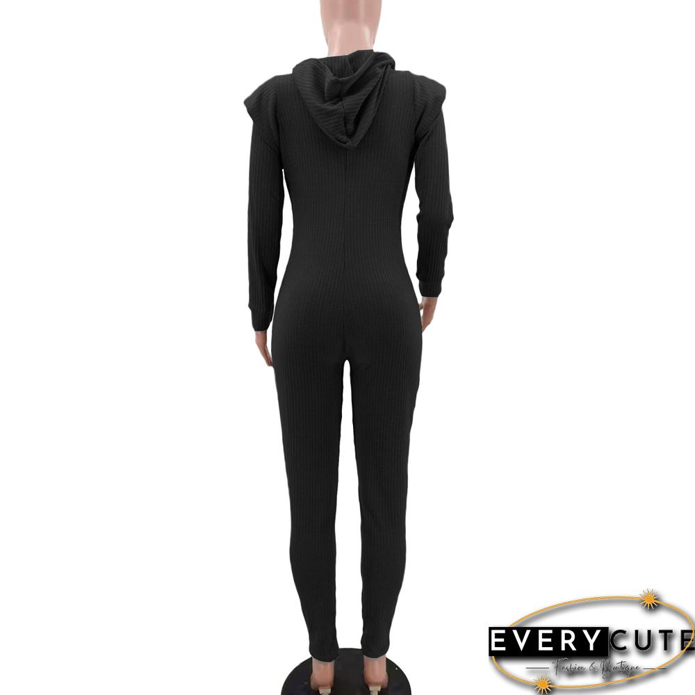 Knitted Long Sleeve Shoulder Padded Hooded Jumpsuit