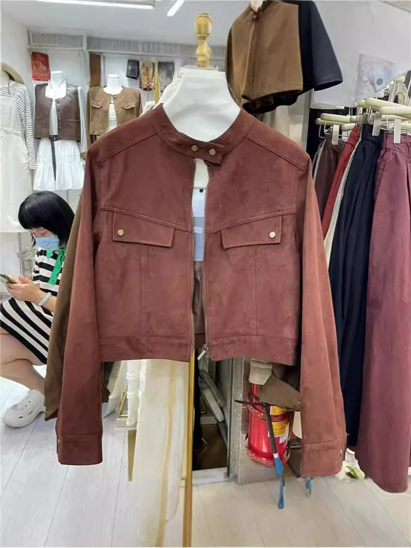 Woherb Retro Standing Collar Leather Velvet Early Autumn Coat Female Short Style Fashion Loose Casual Motorcycle Suit Small Jacket Jacket-Outfit Ideas
