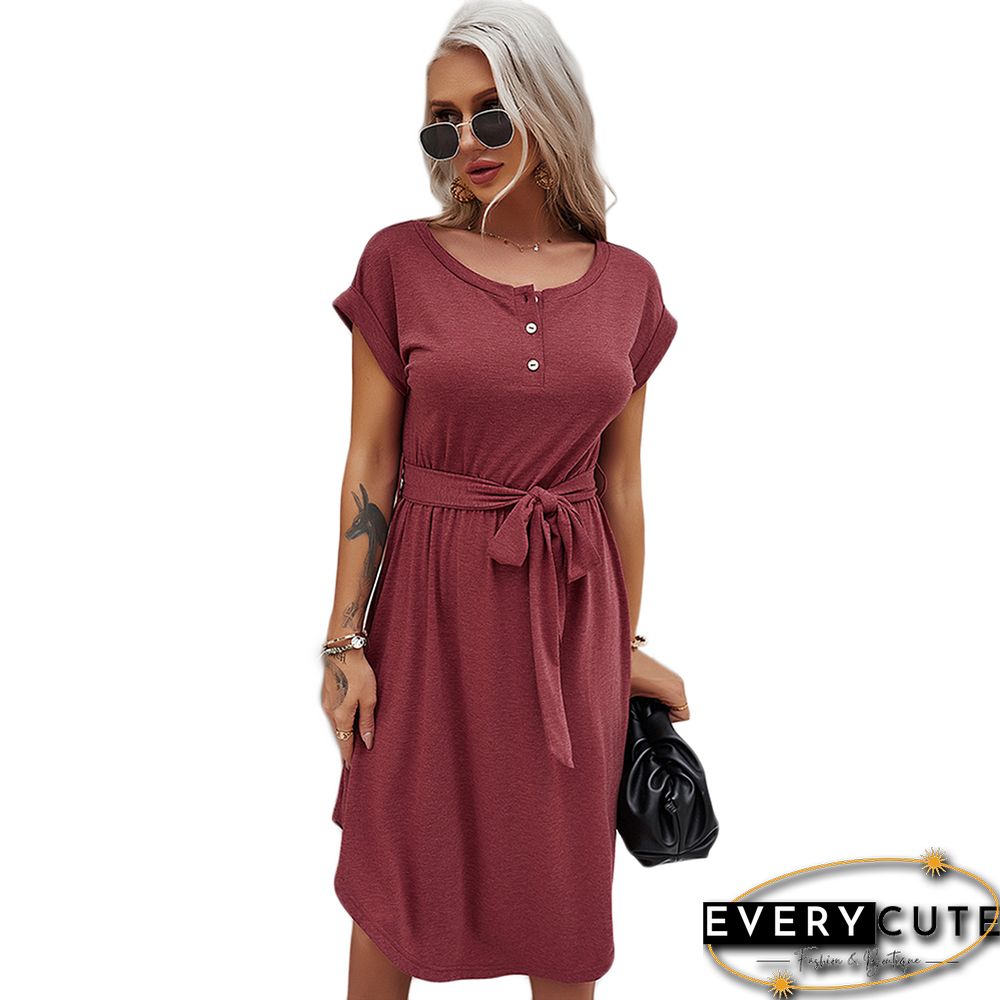 Red Button Up Tie Waist Short Sleeve Knit Dress