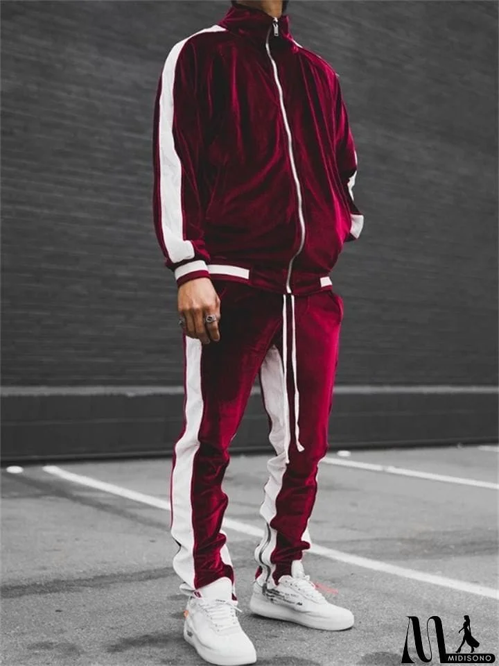 MidiSono - Men's Comfy 2-Piece Zip Up Velvet Tracksuit Sets for Autumn Winter