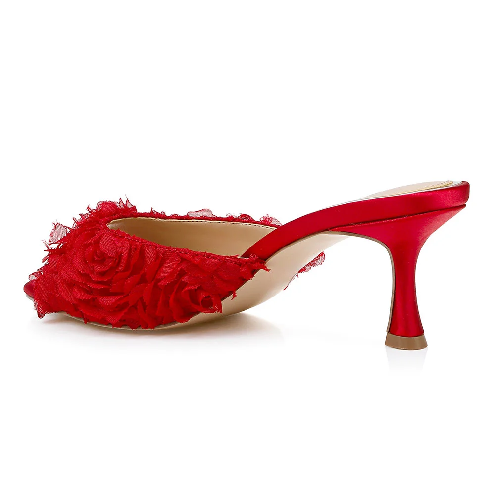 Elegant Red Peep Toe Stiletto Heel Ruffle Slip On Mules for Women