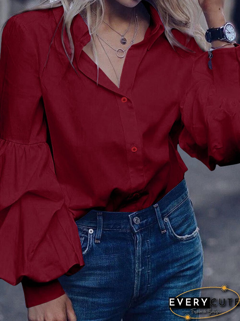 Solid Color Turn Down Collar Button Down Bishop Blouse