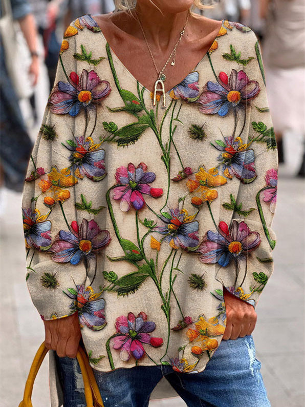Women Long Sleeve V-neck Graphic Floral Printed Top