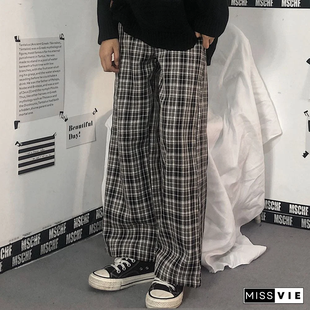 vintage plaid pants elastic waist pants women high waist plus size wide leg Pants Casual female korean trousers women