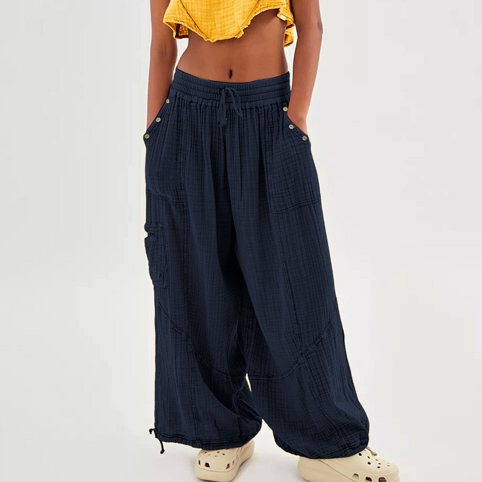 Whosewln Linen Pants Women Wide Leg Harem Pants High Waist Button Drawstring Palazzo Pants Loose Workout Stright Long Wide Leg Pants