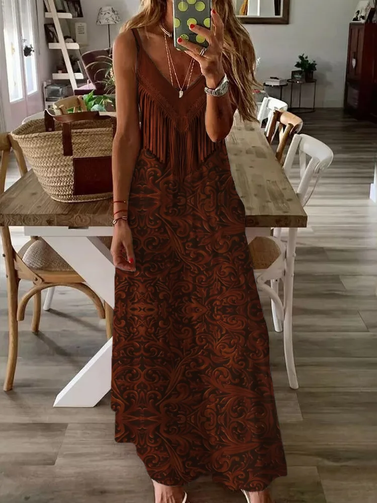 Vintage Fringe Floral Leather Graphic Cami Maxi Dress