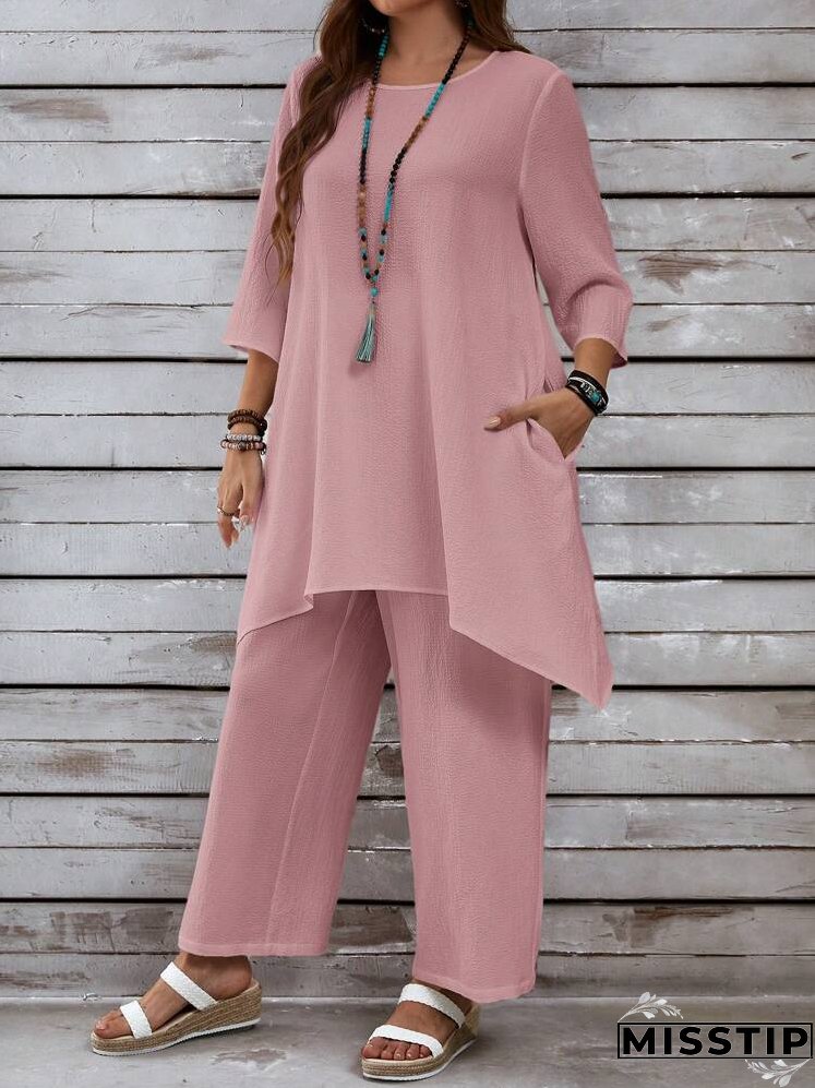Plus Size Women's Summer Loose Fit Top With PocketsAnd Pants, Casual White Linen Set With Asymmetrical Hem And Three Quarter Sleeves