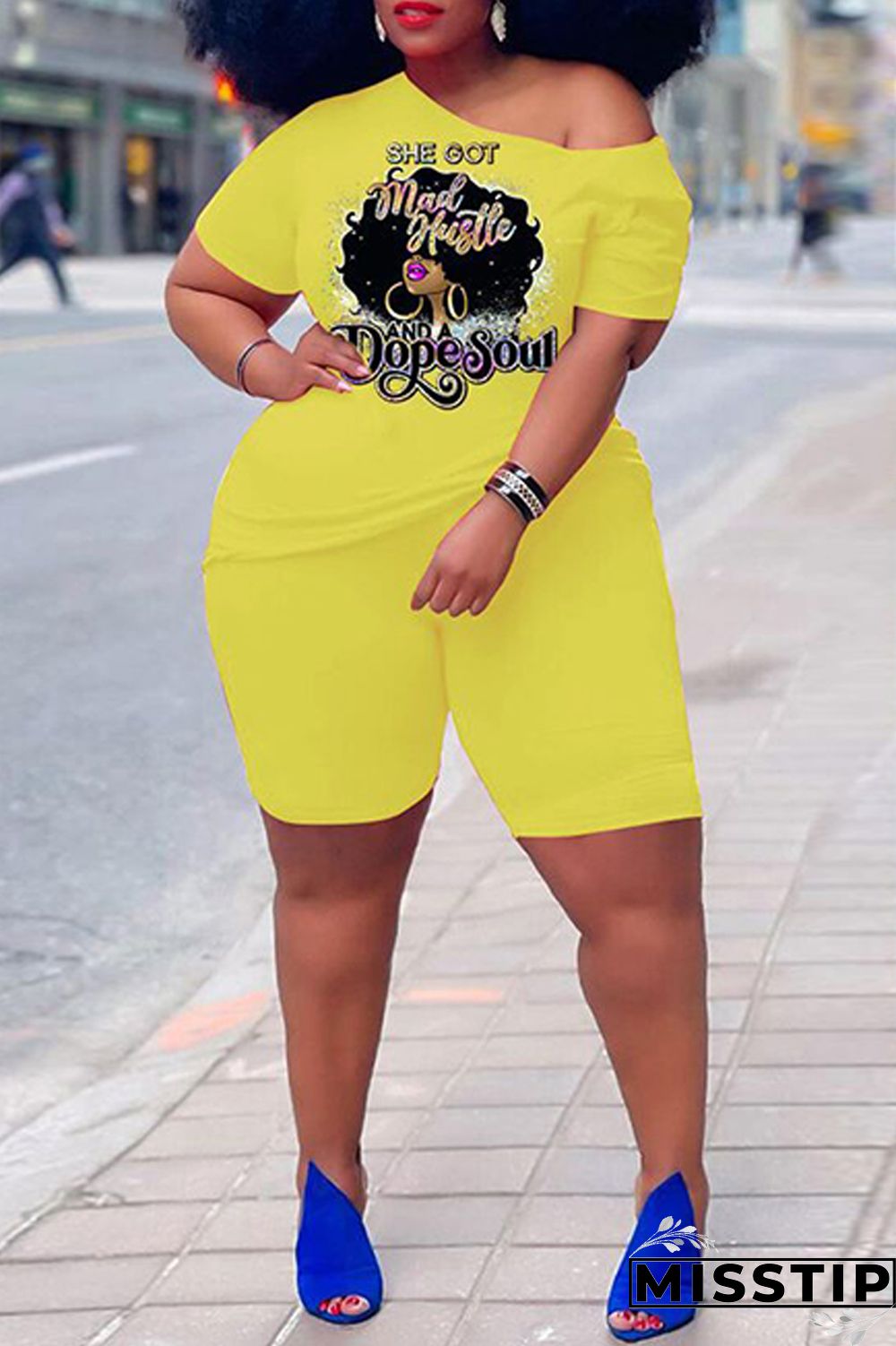 Orange Casual Print Basic Oblique Collar Plus Size Two Pieces