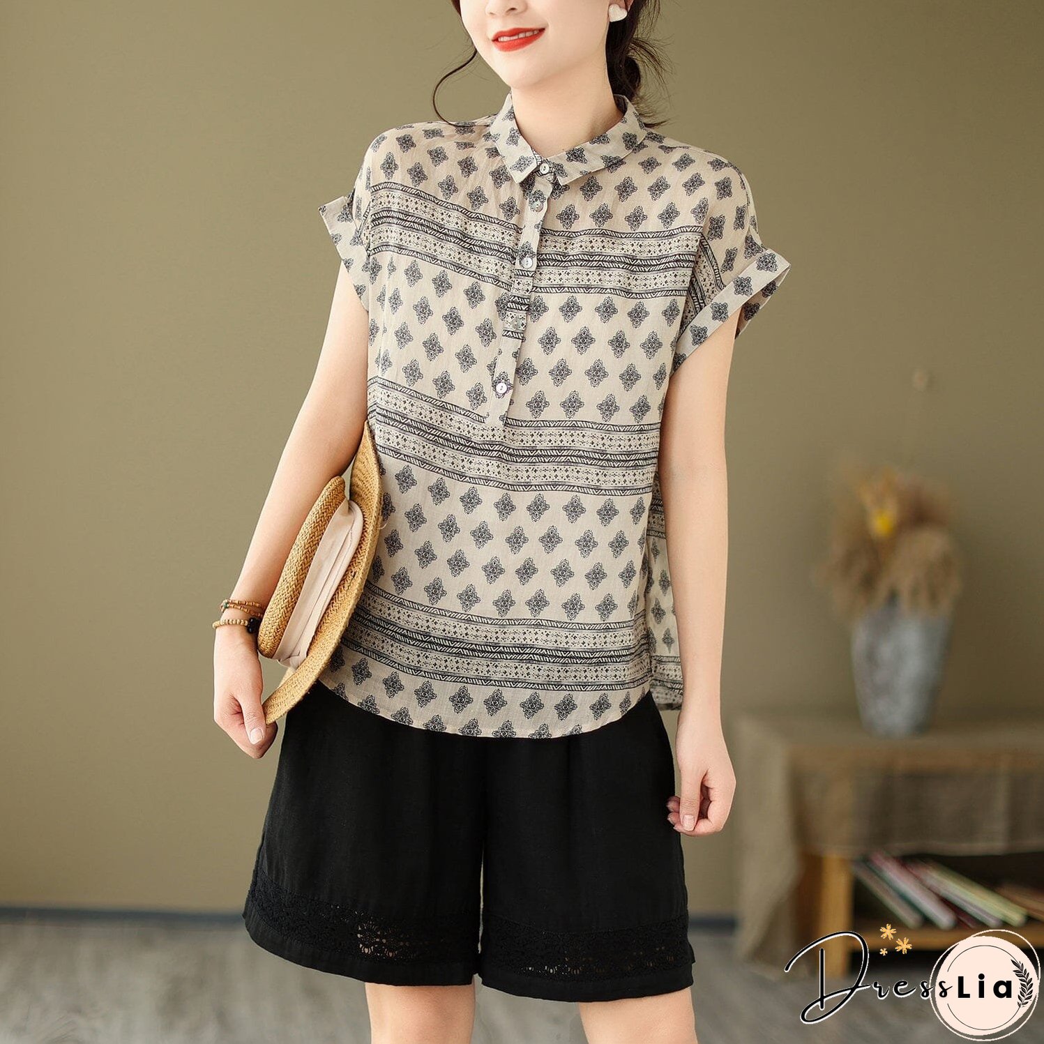 Women Summer Retro Print Linen Minimalist Tops