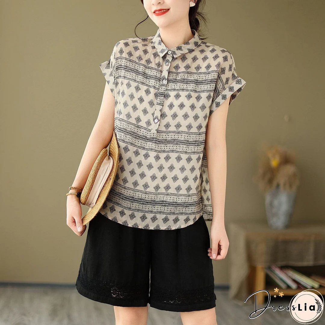 Women Summer Retro Print Linen Minimalist Tops