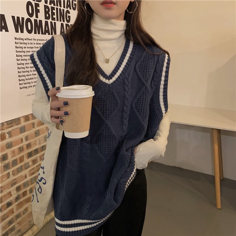 Women Sweaters Vest V-neck Loose Sleeveless Preppy Style Patchwork Students Casual Korea Style Chic Vintage Knitted Autumn Ins