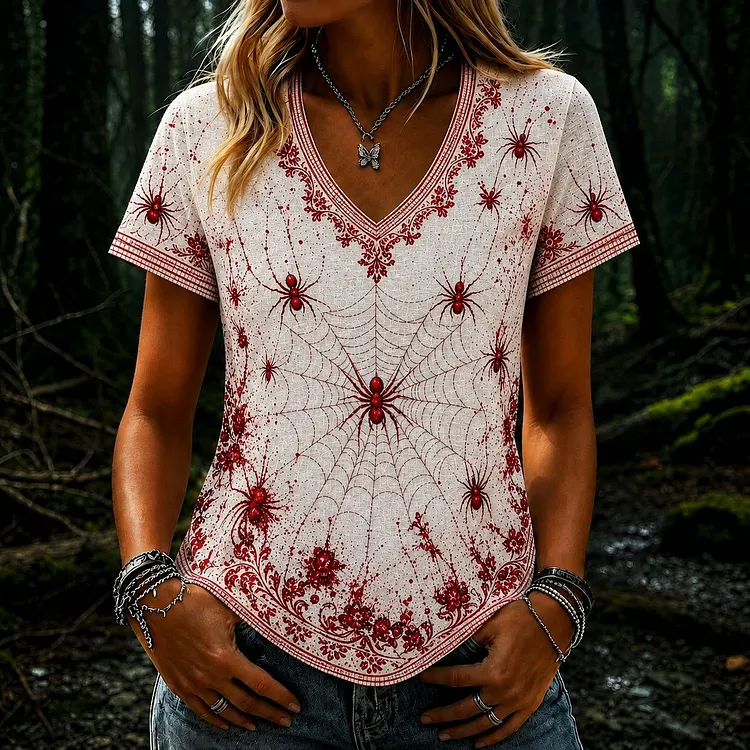 Women's Vintage Spider Art Pattern V-neck Short Sleeve T-shirt