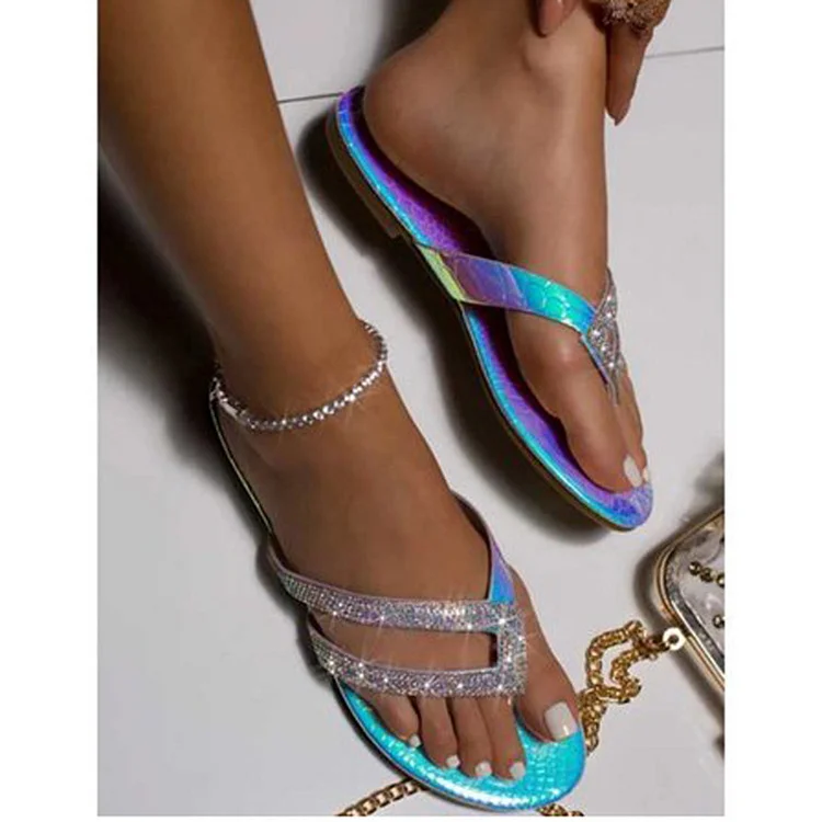 Daily Brown Rhinestone Leopard Print Leather Stitching Flat Bottom Sandals