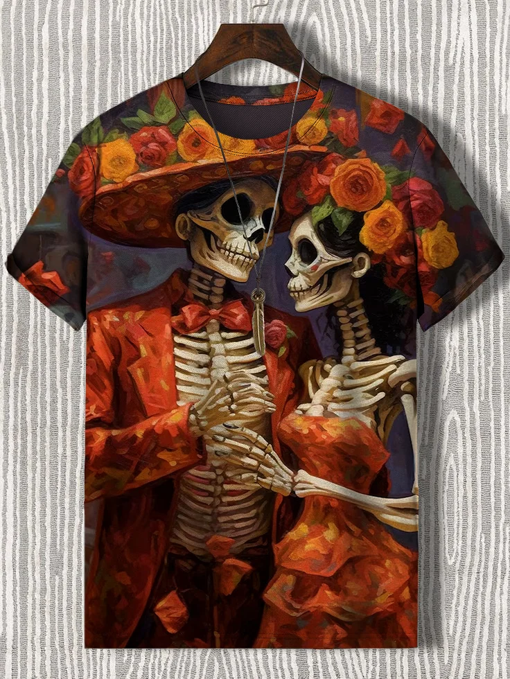 Men's Skeleton Couple Art Print Casual T-Shirt