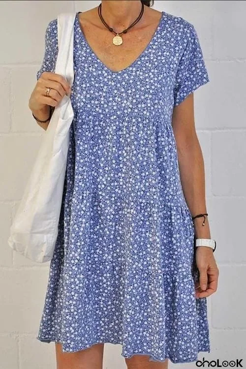 Floral Print V Neck Short Sleeve Dress