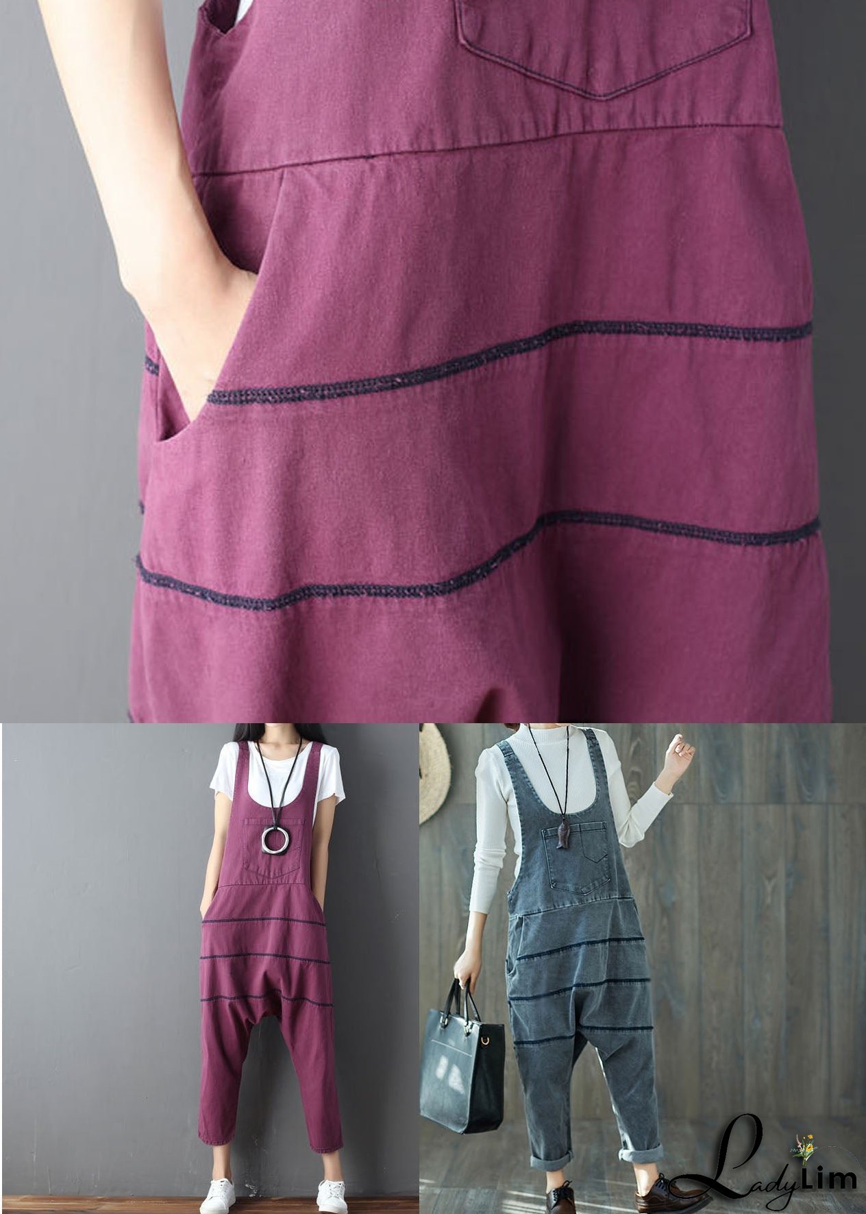 Art Grey Oversized Patchwork Cotton Denim Jumpsuit Spring