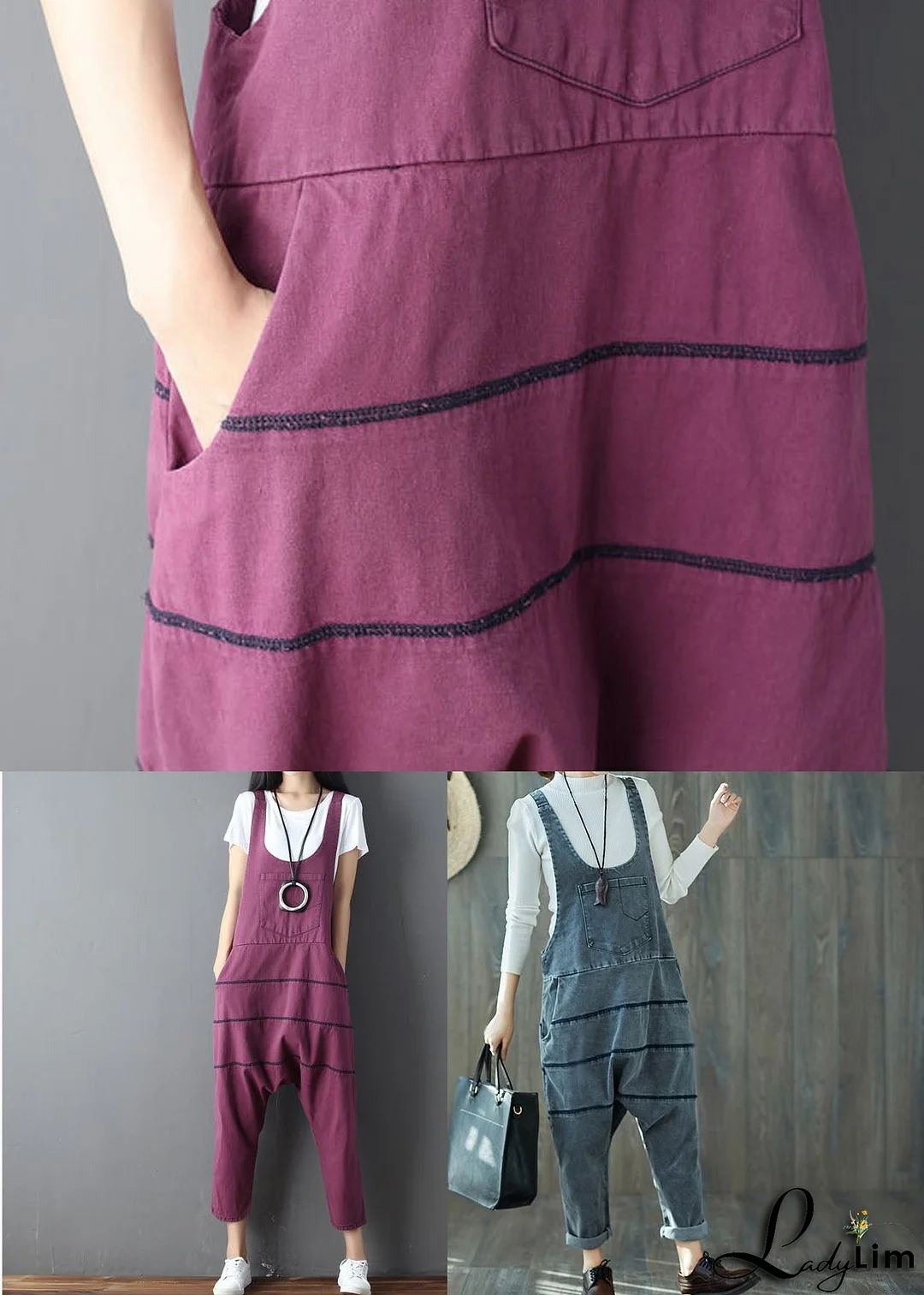 Art Grey Oversized Patchwork Cotton Denim Jumpsuit Spring