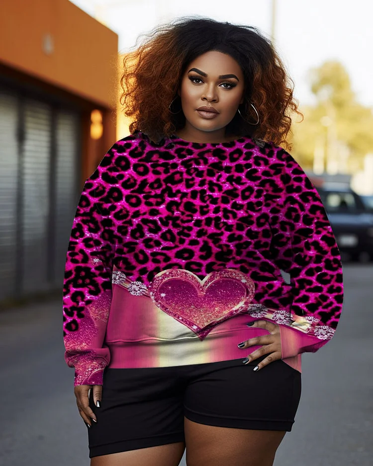 Women's Plus Size Pink Leopard Heart Graffiti Crew Neck Long Sleeve Sweatshirt