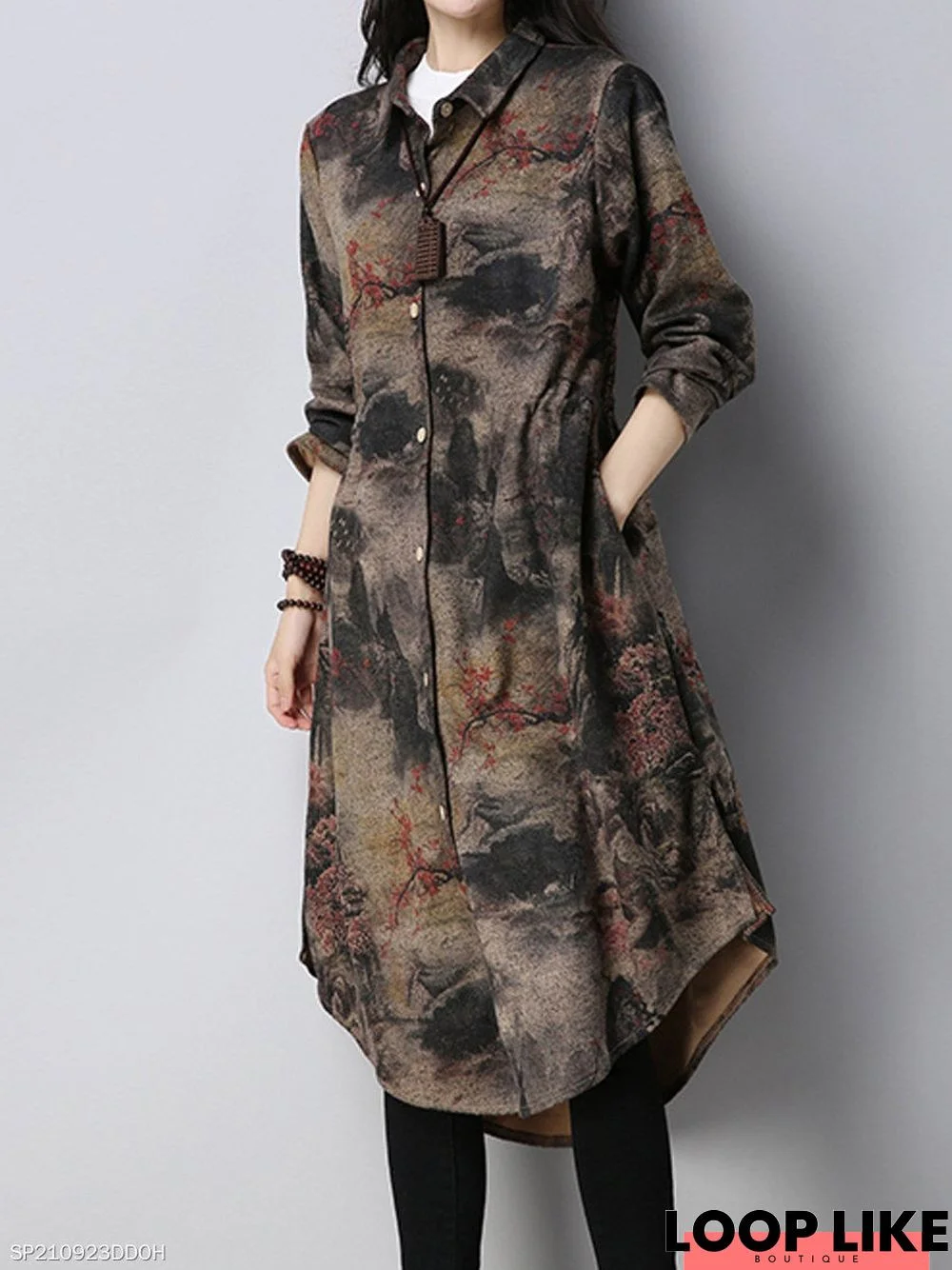 Mid-Length Retro Long-Sleeved Elastic Waist Dress