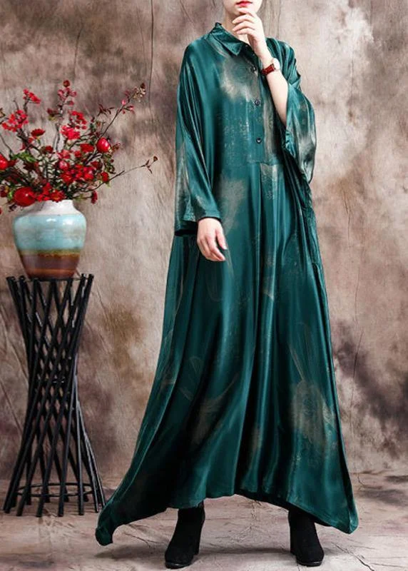 French Green Print Chiffon Dress Long Asymmetric Art Dress