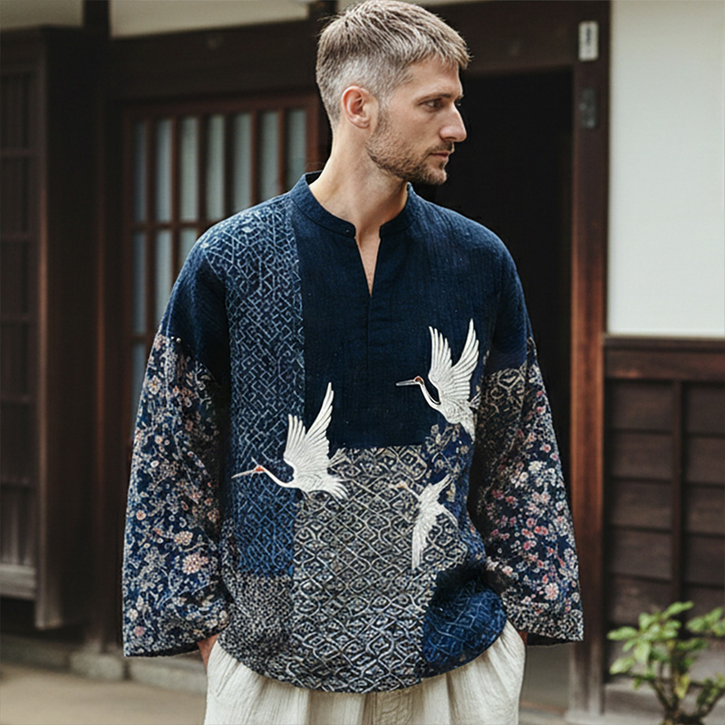 Japanese Floral And Crane Art Print Casual Linen Shirt  artssus