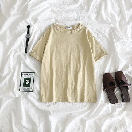 Summer Tee Shirt Solid Color Basic T-Shirt Women Casual O-neck Harajuku Top Korean Hipster Cotton Basic Tshirt