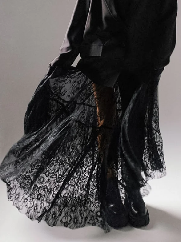 Gauze Pleated See-Through Split-Joint A-Line High Waisted Skirts