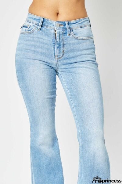 Judy Blue Full Size Mid Rise Raw Hem Slit Flare Jeans