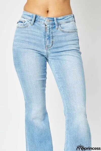 Judy Blue Full Size Mid Rise Raw Hem Slit Flare Jeans