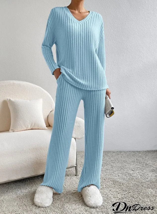 Women Fashion Casual V-Neck Knitted Long Sleeve Top Straight Pants Two-Piece Set