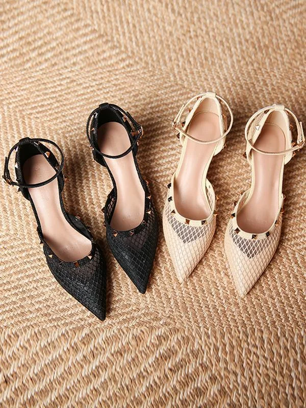 Fashion pointed toe comfortable breathable mesh stiletto rivet high-heeled shoes