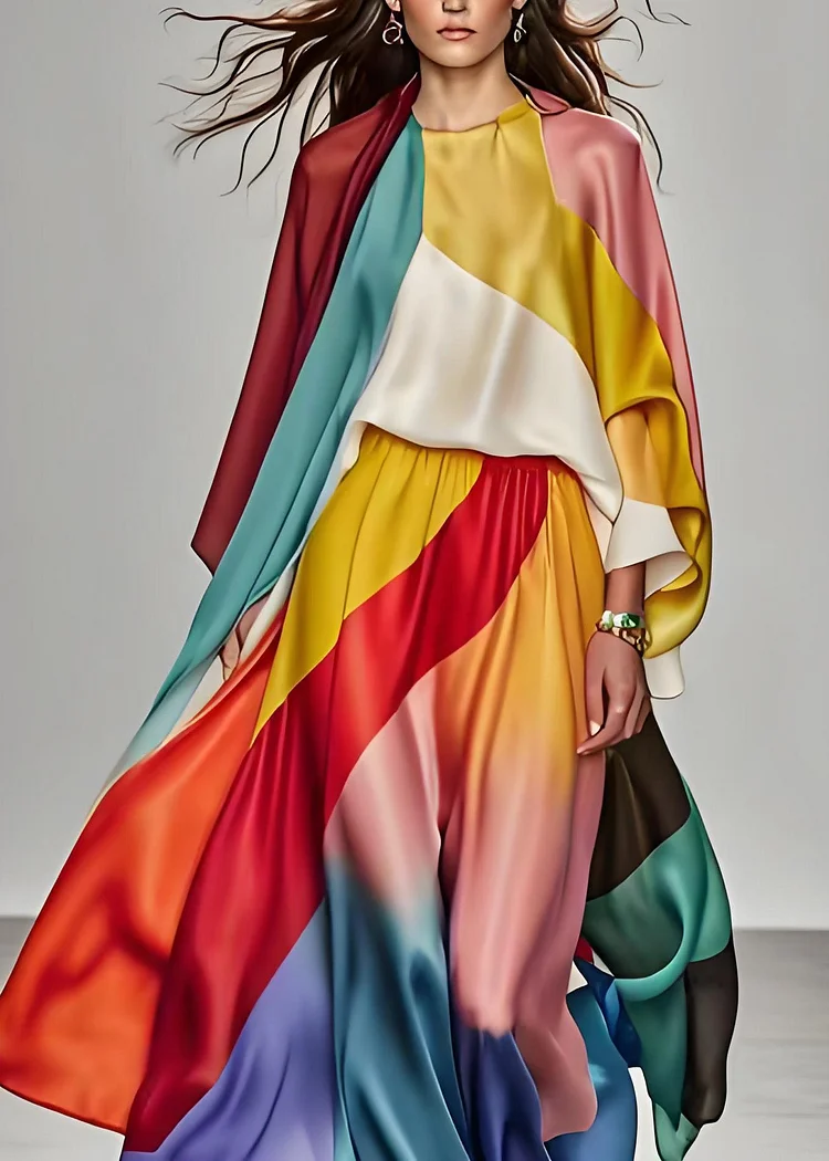 Italian Colorblock Tops And Pants Silk dress Suit Set Summer(Ships in 20 Days)