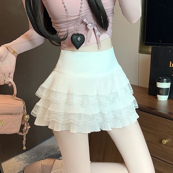 Tiered Lace Pleated Mini Skirt